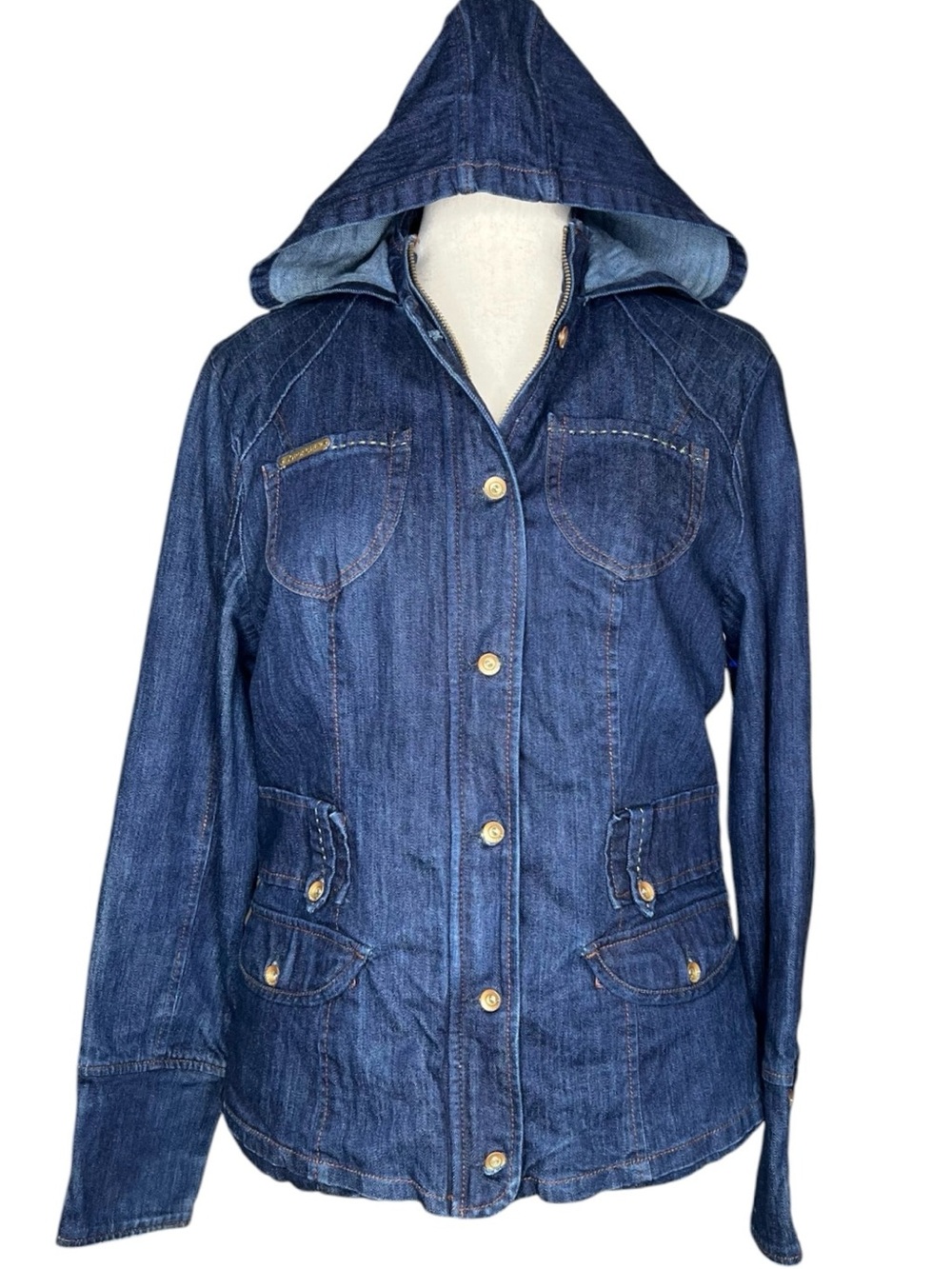 JORDACHE VTG Y2K Hooded Dk Blue Denim Utility Pocket Lined Full Zip Jacket XL
